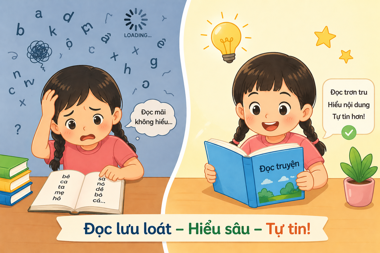 Não bộ phải dồn sức để giải mã chữ, trẻ sẽ không còn đủ năng lượng để hiểu nghĩa.
